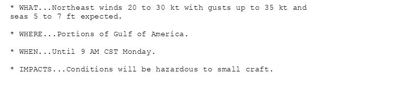 * WHAT...Northeast winds 20 to 30 kt with gusts up to 35 kt and
seas 5 to 7 ft expected.

* WHERE...Portions of Gulf of America.

* WHEN...Until 9 AM CST Monday.

* IMPACTS...Conditions will be hazardous to small craft.
