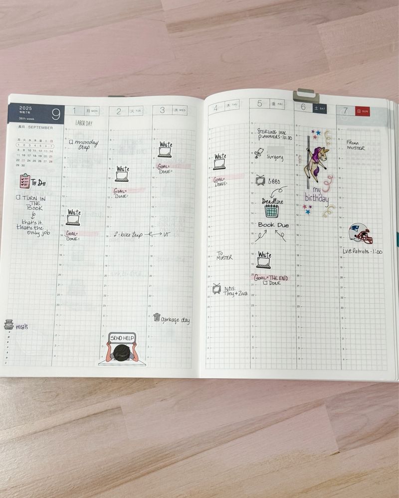 A planner weekly spread showing my book deadline on Friday and my birthday on Saturday.