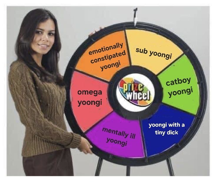 picture of a spinning wheel with six different options for a result: sub yoongi, catboy yoongi, yoongi with a tiny dick, mentally ill yoongi, omega yoongi, emotionally constipated yoongi