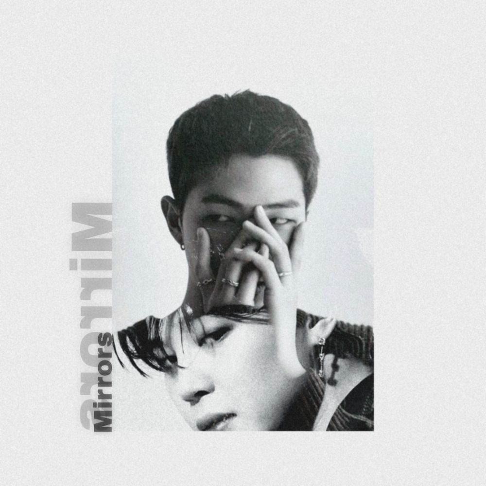 cover for a fanfic. a black and white edit of Namjoon and Jimin from BTS. Namjoon looks to the side, covering the lower half of his face with his hands. the picture of him merges into a picture of Jimin who is looking boldly at the viewer. on the left, text reads "Mirrors" which is the title of the fic