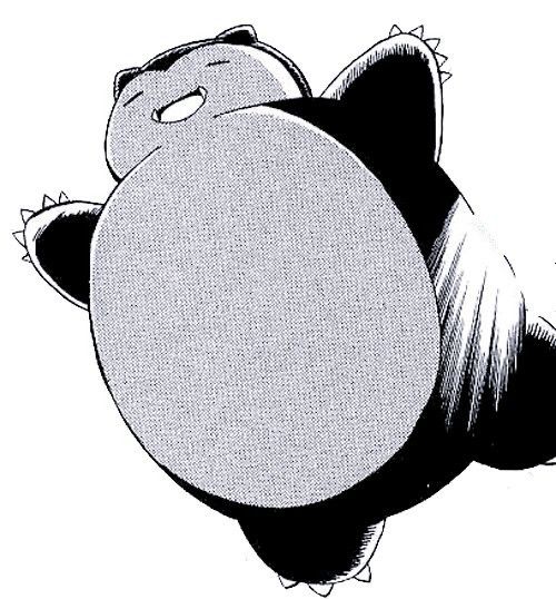 black and white drawing of Snorlax the Pokémon leaping into the air with its arms spread, looking joyful