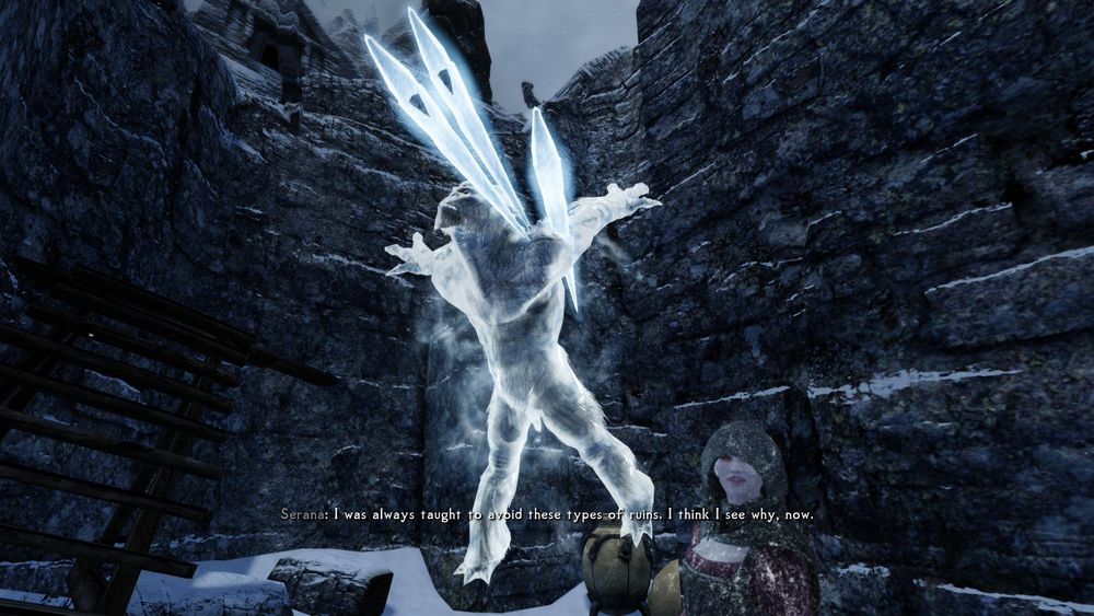 A dead frost troll from Skyrim that has been frozen comically mid-air like a jumping jack with an ice spike in it's arm and an additional two spikes in it's head. My follower, Serana, stands off to the side, with the screenshot having caught her saying "I was always taught to avoid these types of ruins. I think I see why, now". The timing and her presence make it seem as though she is commenting on the Troll's unfortunate state.