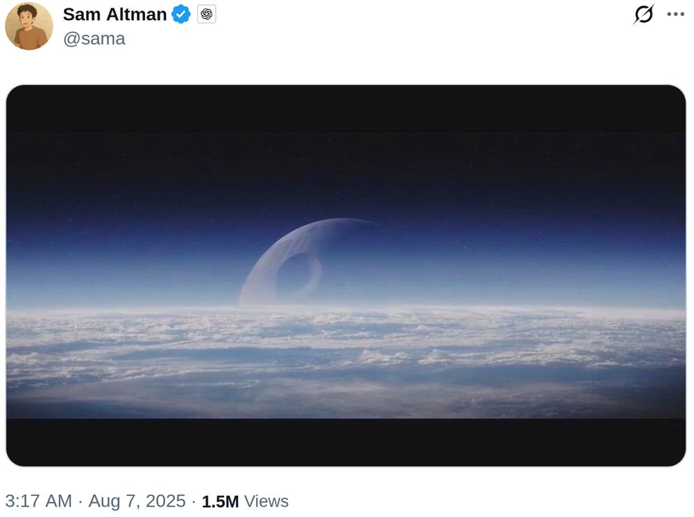 Tweet by Sam Altman featuring an image of the Death Star under construction, visible on the horizon against a cloudy sky: https://x.com/sama/status/1953264193890861114