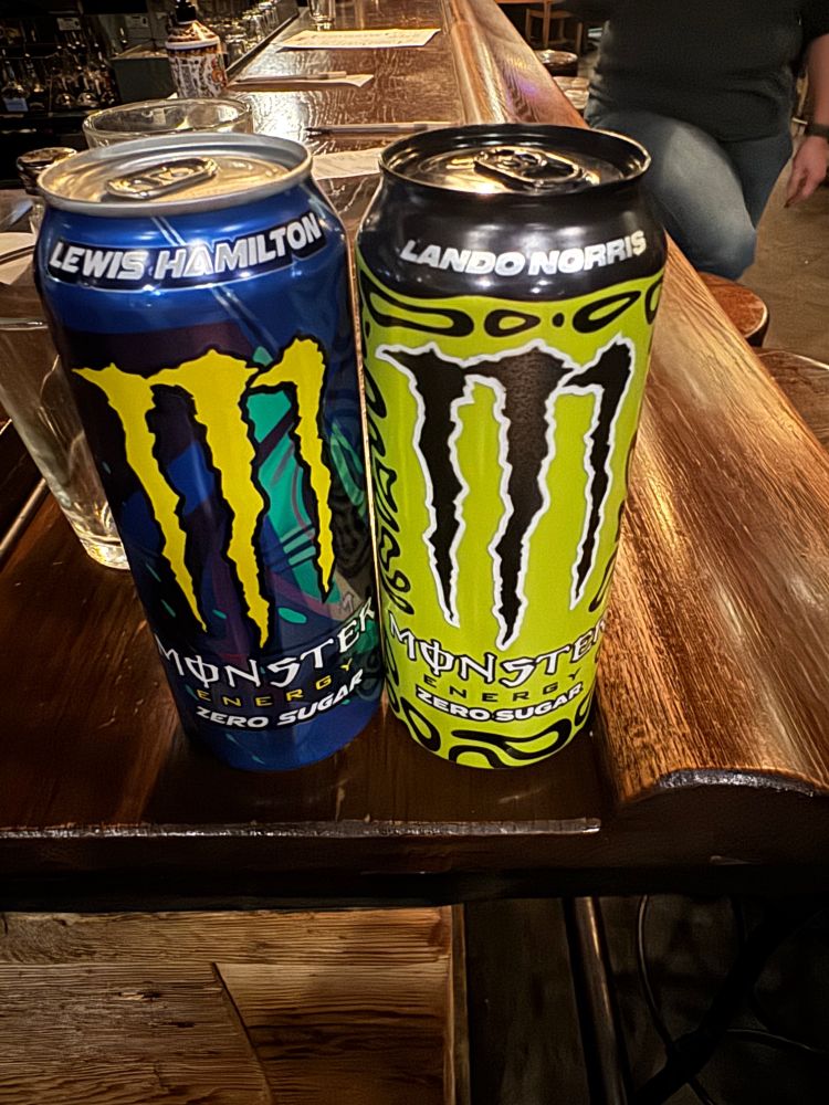 Lewis Hamilton and Lando Norris Monster Energy cans