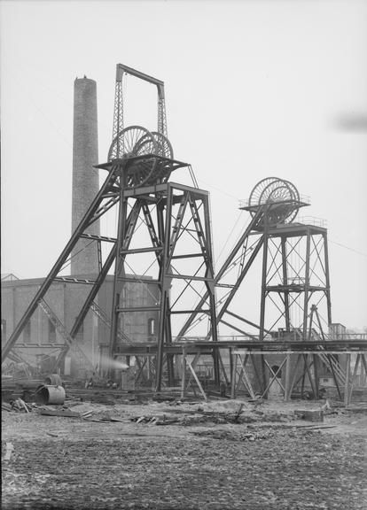 Pit head gear showing towers, wheels etc in iron.
