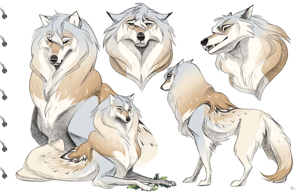 A digital sketchbook page with drawn binding rings with pencil sketched, colored, stylized wolves of a character named Periane
