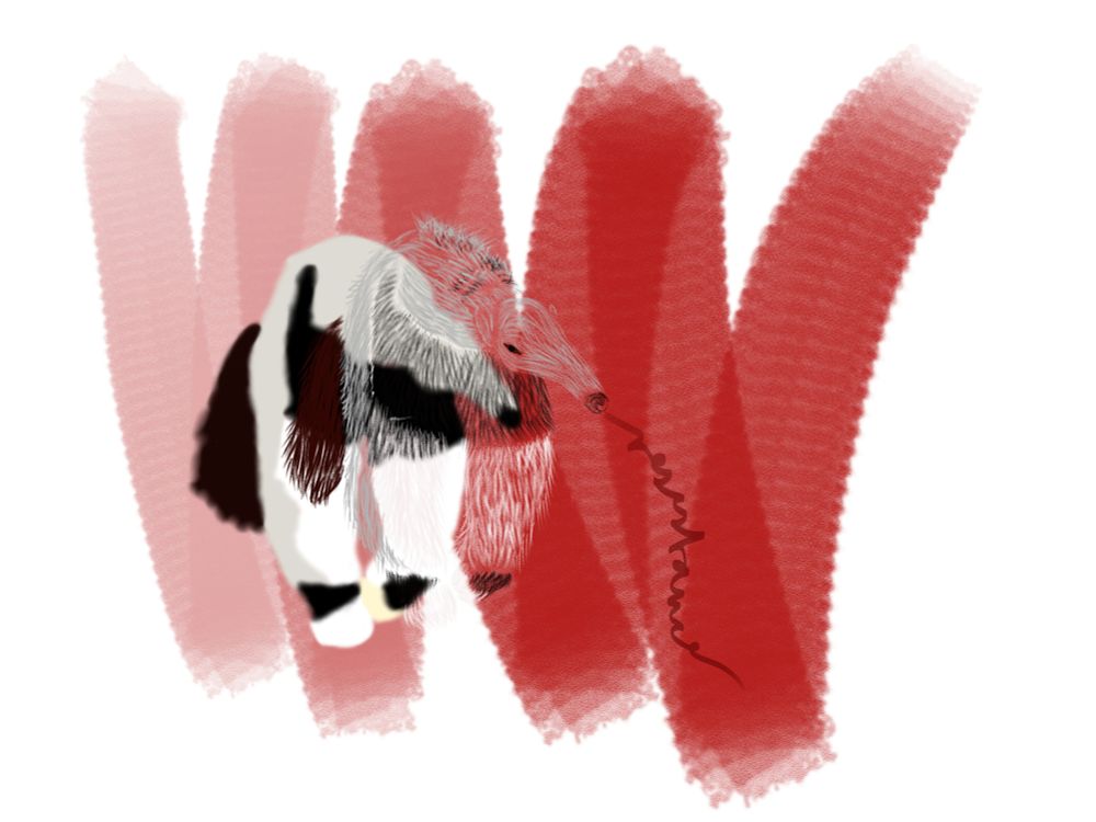 Digital Painting of a giant anteater. Two different outlines of the animal with grey and brown fur are offset to each other. It stands on four legs and has a long snout as well as a long puffy tail. In the background, there are rough, thick red lines that become darker towards the right. The animals long tongue forms the word Résistance.