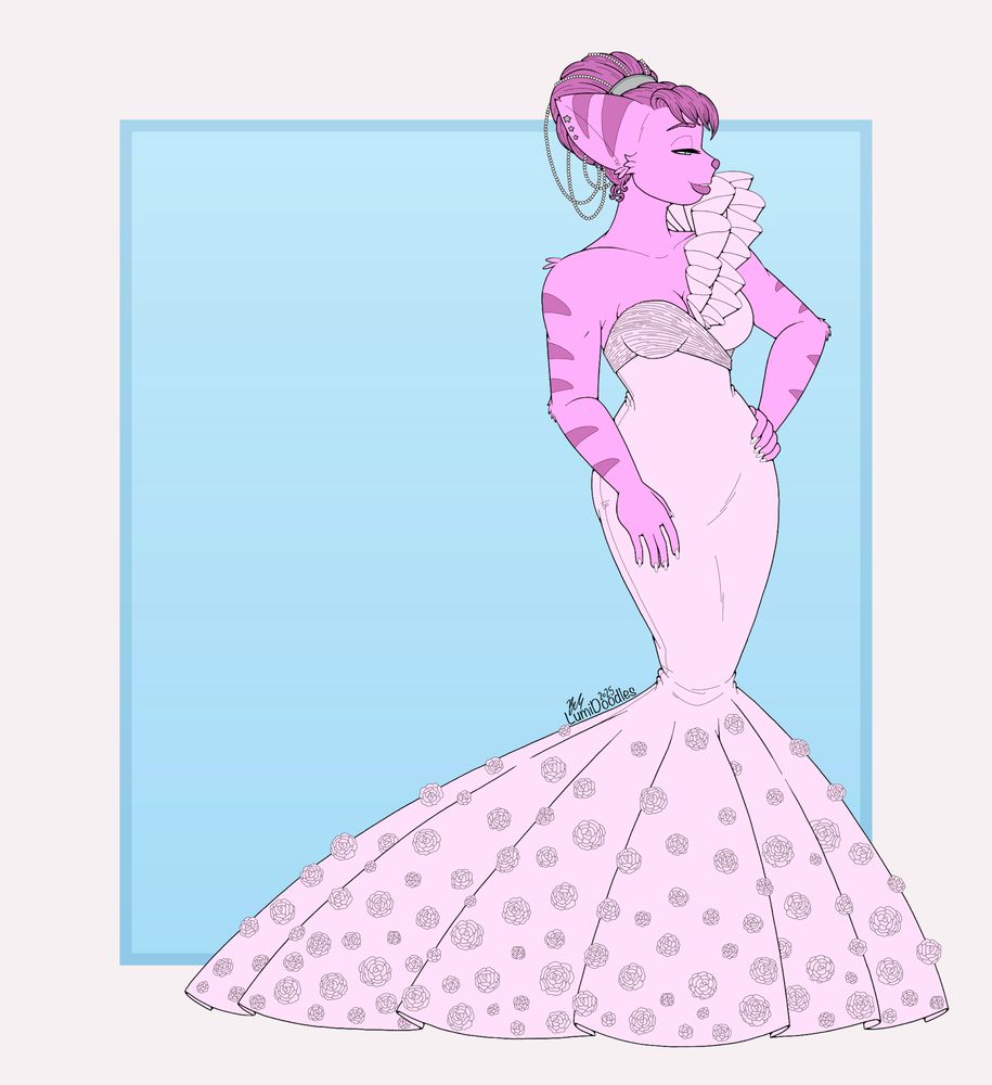My lombax OC, Stella. She has candy pink fur with hair and stripes in a slightly darker shade. Her hair is swept up into a large bun with pearls and a silver hairpiece, and she is wearing silver star shaped earrings. She is wearing a very light pink mermaid gown with a fancy shoulder piece, a gathered bust and lots of flowers adorning the voluminous skirt. She stands with her left hand on her hip as she looks off to the right hand side of the art, and her right hand is resting on her thigh. The background is a blue rectangle with a slightly darker blue narrow border, then a much wider white border. The blue rectangle and its blue border have a slight gradient which is lighter at the top and darker at the bottom.