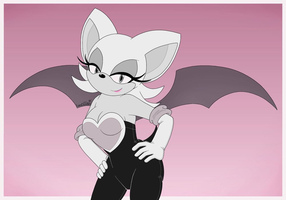 My art of Rouge the Bat from Sonic the Hedgehog. She is leaning slightly forward with her hands on her hips and her wings flared. She has a small smirk on her face. I’ve coloured her with greys and muted pinks, and the background is a simple pink gradient with a white frame.
