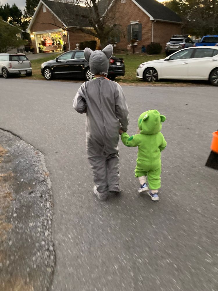 Two children in costumes. The older child is dressed as a mouse. The younger child is dressed as a frog. This is my son and my niece.