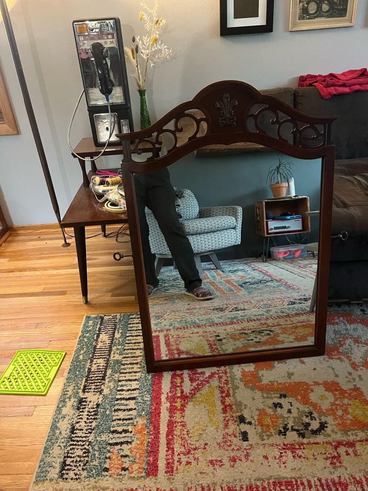 A midsize mirror propped up against a sofa in a living room with hardwood floors and a colorful area rug.