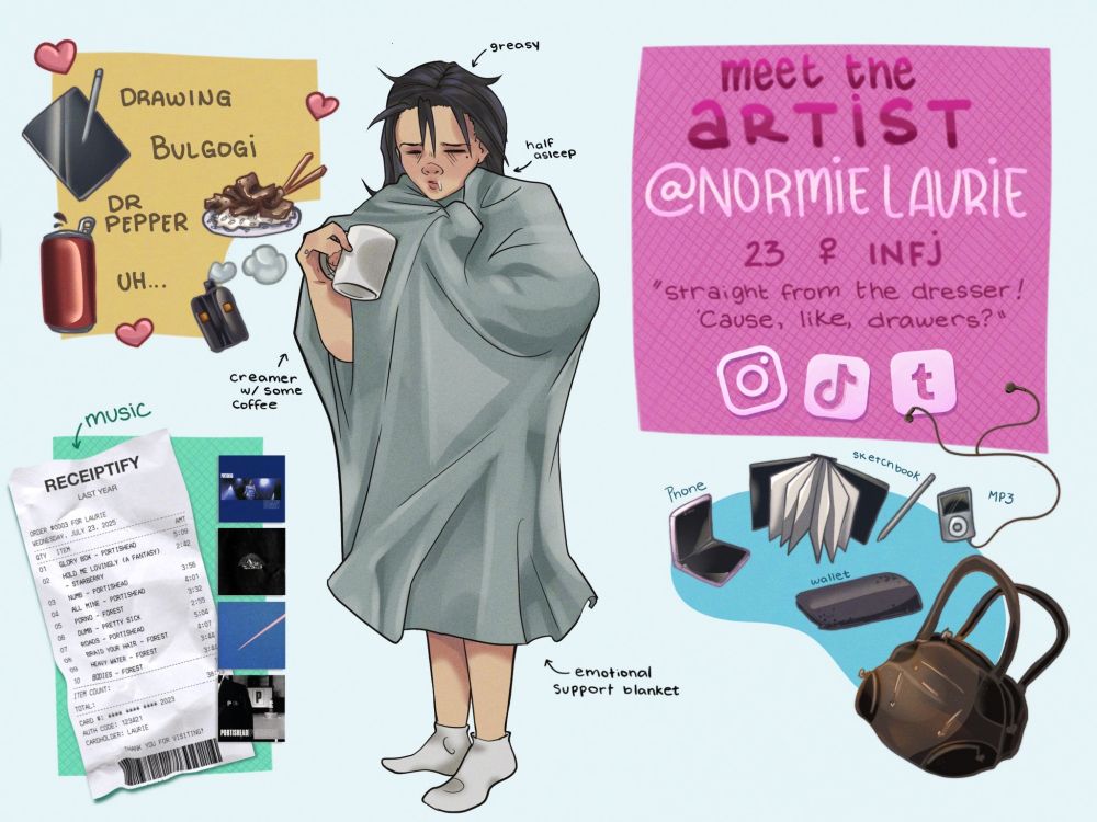 In the 3rd and final image the artist is pictured standing greasy-haired and blanket-bound and holding a cup of coffee. She highlights the greasy hair, creamer in her cup with some coffee, an emotional support blanket, and being half asleep. 