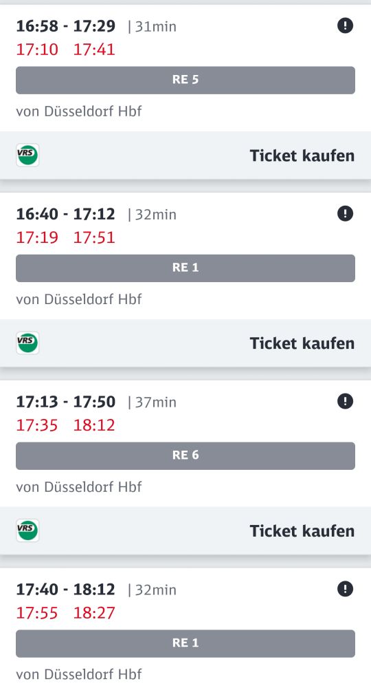 Screenshot aus der Bahnapp. Alle Züge haben Verspätung 