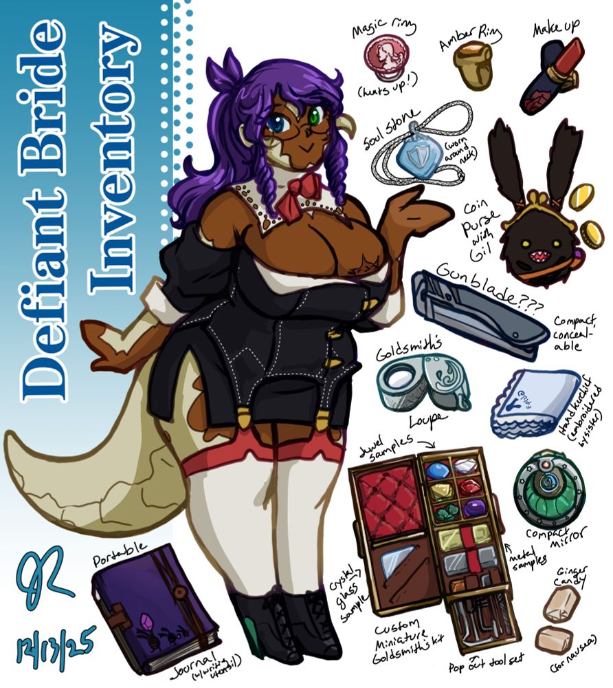 An illustration of Defiant Bride, a chubby girl with a large lizard tail, gesturing to a selection of items. Text reads: Defiant Bride Inventory. Each item is labeled: magic ring (heats up!), Amber ring, make up, soul stone (hangs around neck), coin purse with gil, Gunblade??? (Compact, concealable), Goldsmith's loupe, handkerchief (embroidered by sister), compact mirror, ginger candy (for nausea), and portable journal (with writing utensil). There's also a box labelled custom miniature goldsmith's kits with several sections: jewel samples, crystal glass sample, metal samples, and pop out tool set.