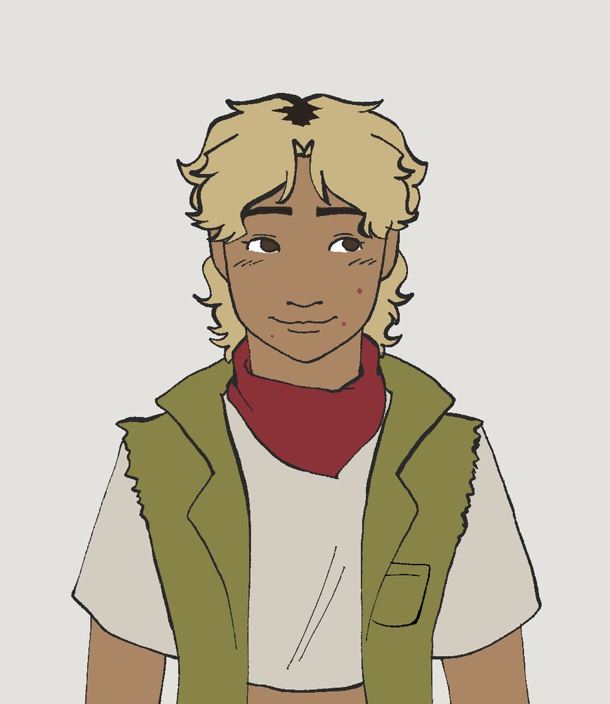 Nonbinary person with a brown complexion, blonde dyed hair, red scarf and green jacket