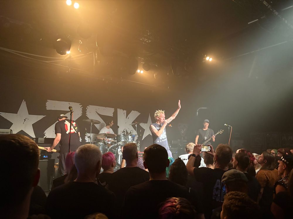 Eine Punkband tritt auf einer Bühne vor einem Publikum auf. Im Vordergrund sind viele Zuschauer:innen zu sehen, einige filmen mit dem Handy. In der Mitte steht der Sänger mit blondierten Stachelhaaren und hebt eine Hand, während er ins Mikrofon singt. Rechts daneben spielt ein Bassist, links ein Gitarrist, und im Hintergrund sitzt der Schlagzeuger am Schlagzeug. Auf dem Bühnenhintergrund ist in großen weißen Buchstaben „ZSK“ mit Sternen zu lesen.