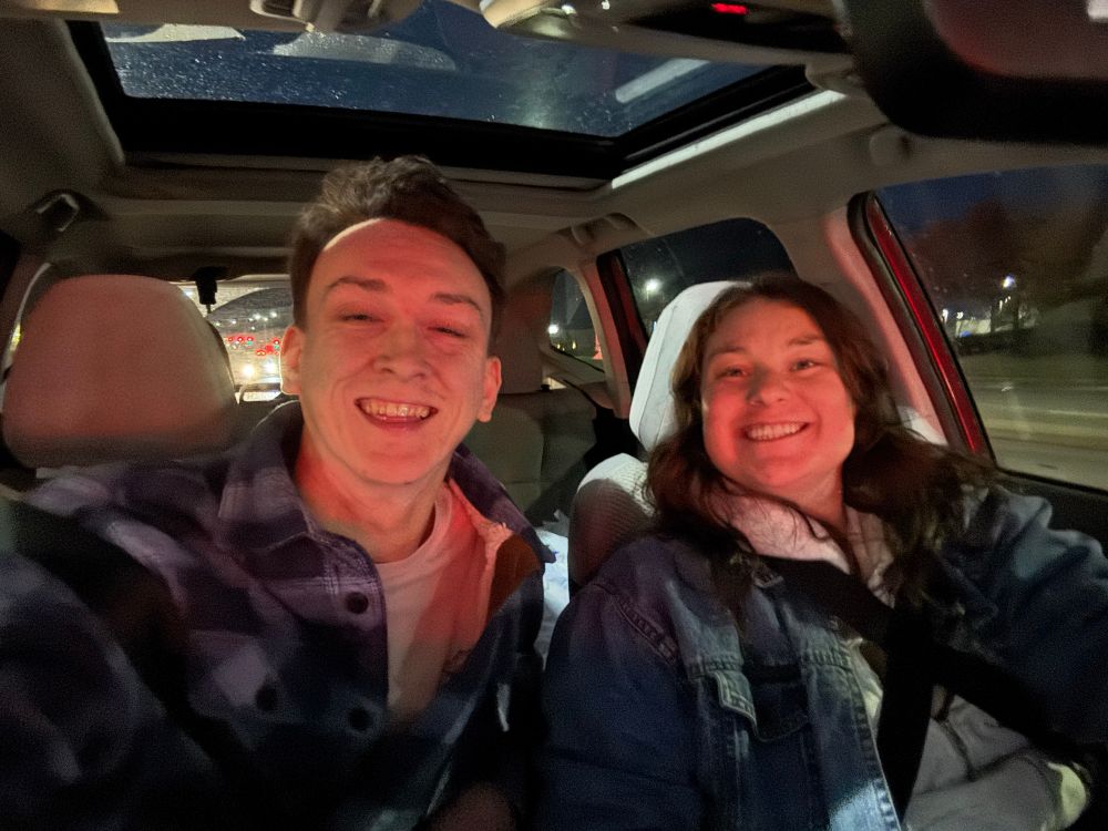 Laurena and I Cheesing post grocery store trip