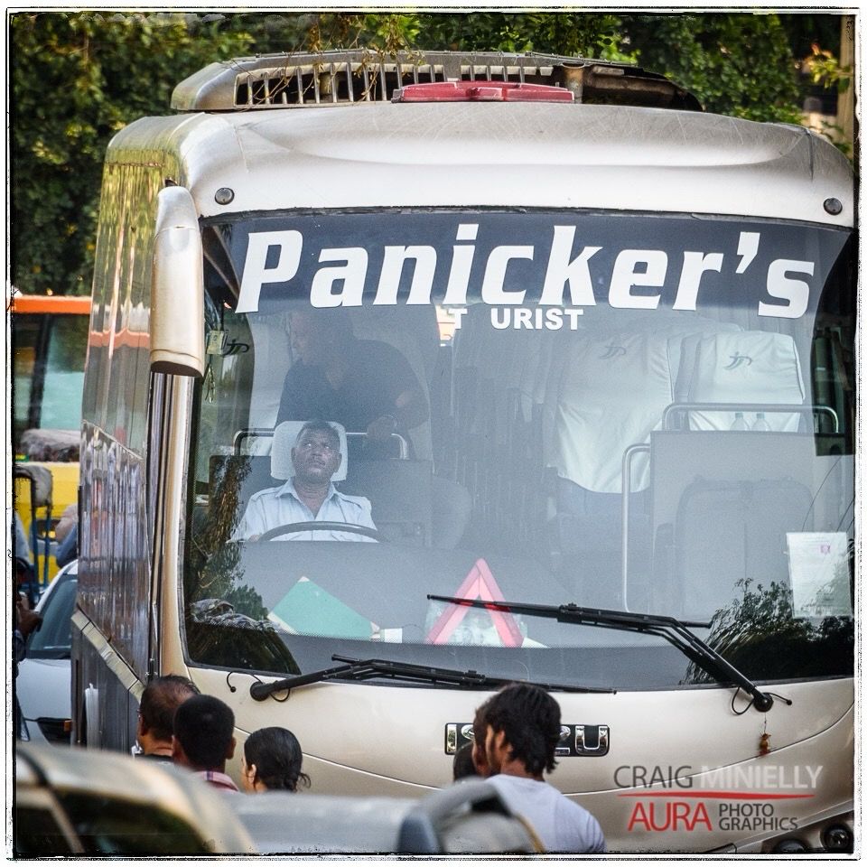 A tour bus on the busy streets of India has the word panickers as a large logo on its windscreen, with the word tourist small below it. Evoking a humourous response as tourists have had occasional moments of panic when in a foreign country, so why not have their own tour company ?!