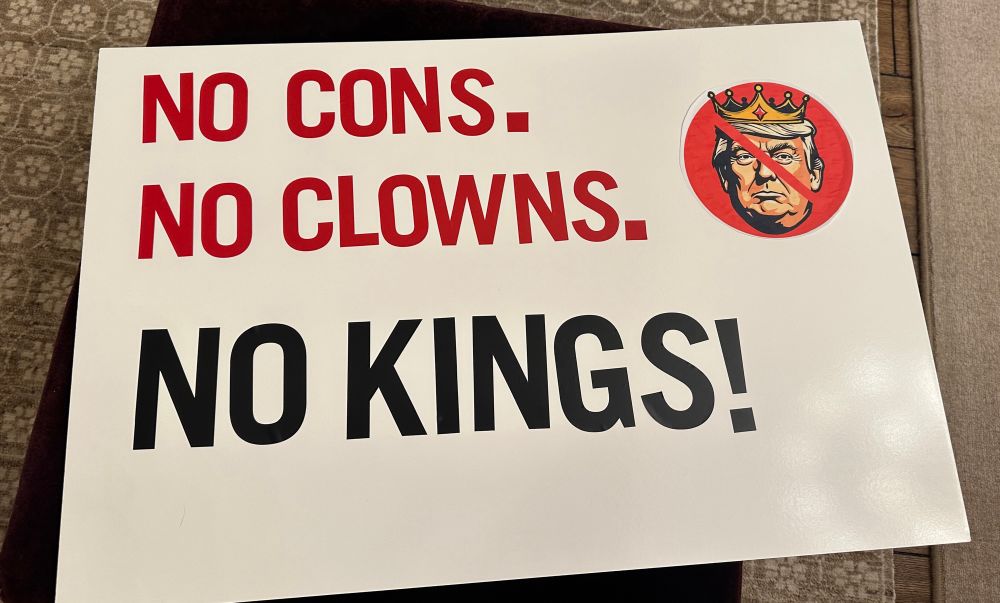 No cons. No clowns. No kings protest sign 