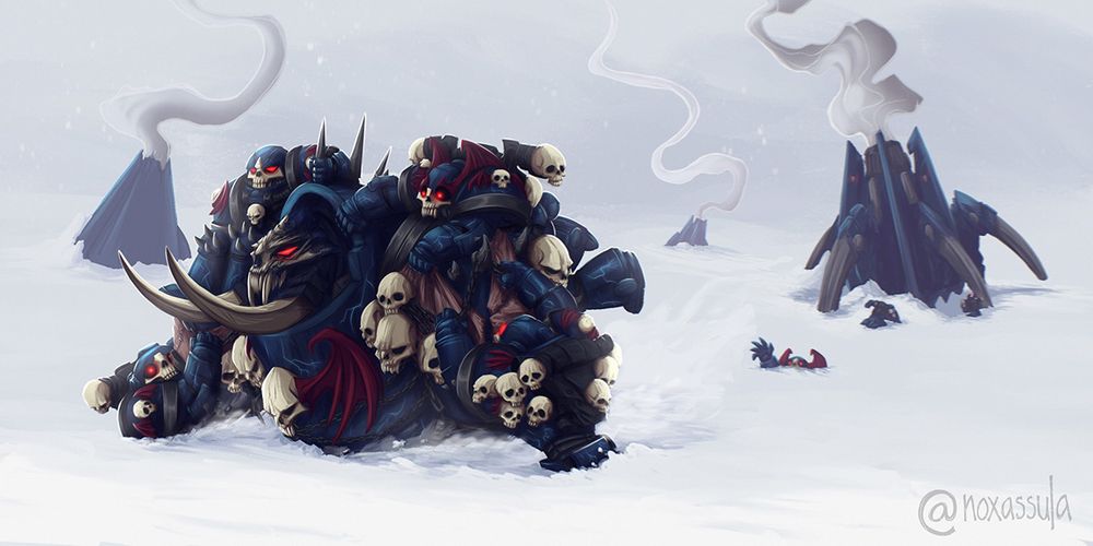 Night Lords from warhammer 40k in deep snow getting help from their terminator brother. Repost from my twitter