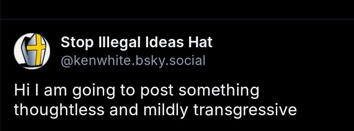 Screenshot of a potentially misleading cropped comment from Stop Illegal Ideas Hat (@kenwhite.bsky.social) that reads, "Hi I am going to post something thoughtless and mildly transgressive"