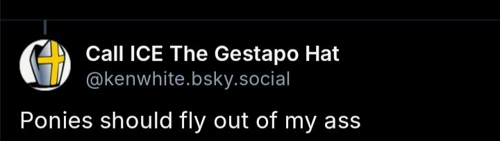 A screenshot of a comment from Call ICE The Gestapo Hat(@kenwhite.bsky.social) that reads, "Ponies should fly out of my ass"