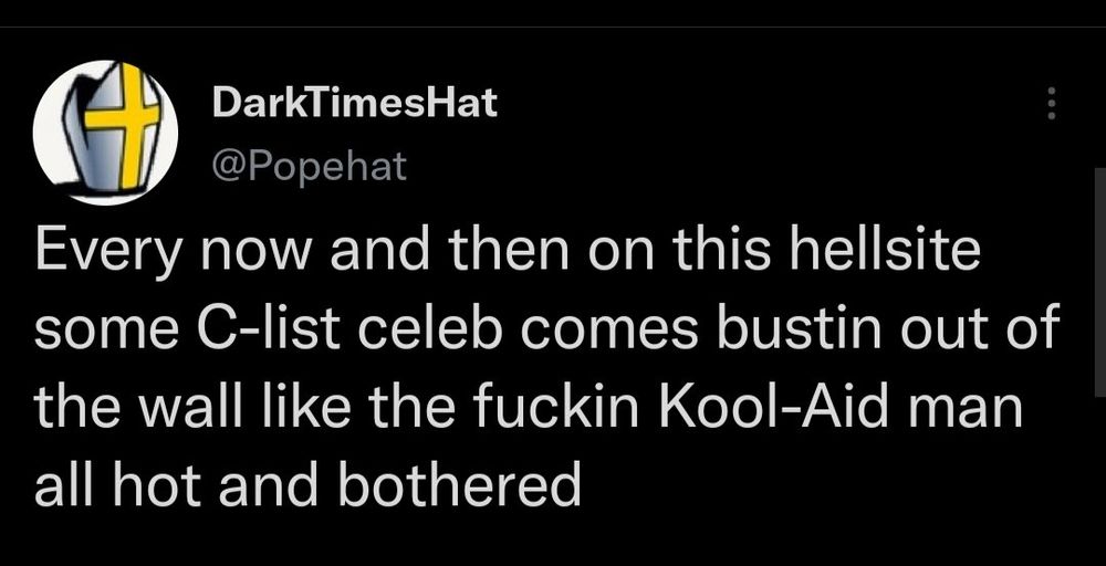 Screenshot of an old tweet from DarkTimesHat that reads "Every now and then on this hellsite some C-list celeb comes bustin out of the wall like the fuckin Kool-Aid man all hot and bothered."