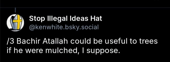 Screenshot of a comment from Stop Illegal Ideas Hat (kenwhite.bsky.social) that reads, "/3 Bachir Attalah could be useful to trees if he were mulched, I suppose."