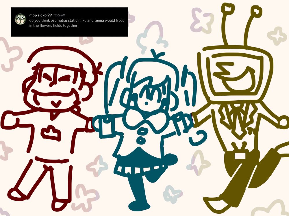 a drawing of osomatsu, hatsune miku from the song static by flavor foley, and tenna from deltarune frolicking in a flower field while holding hands and skipping