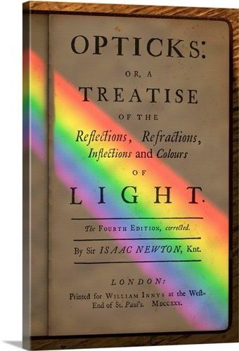 Opticks: or a treatise on the reflections, refractions, inflections and colours of Light, by Isaac Newton. The title page of this book is displayed, and a beam of refracted (rainbow) light is shining on the middle of this page, at a diagonal angle. 
