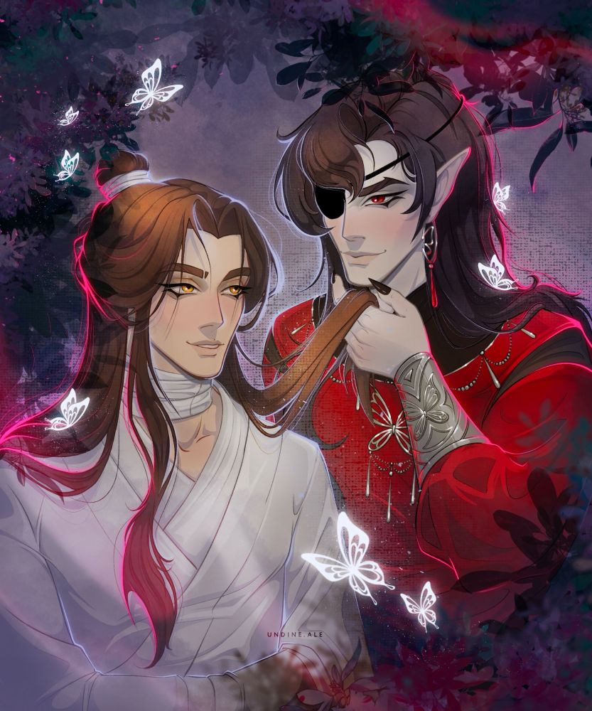 Hua Cheng holds a strand of Xie Lian's hair in her hands.