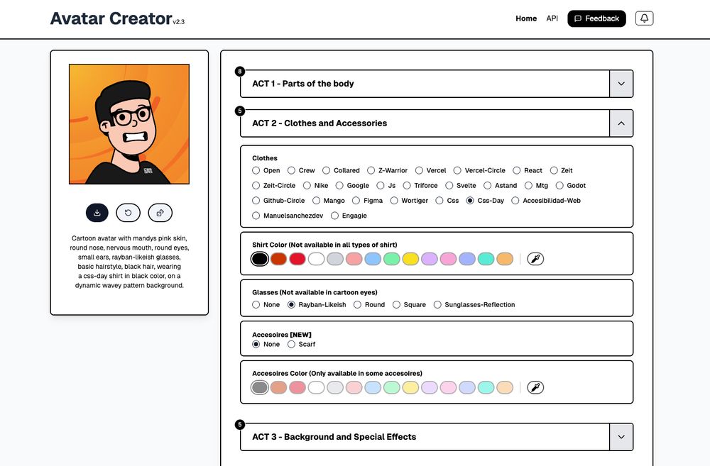 View of the avatar creator tool where we see different params to customize. The current avatar chosen has a t-shirt with the logo of the css day.