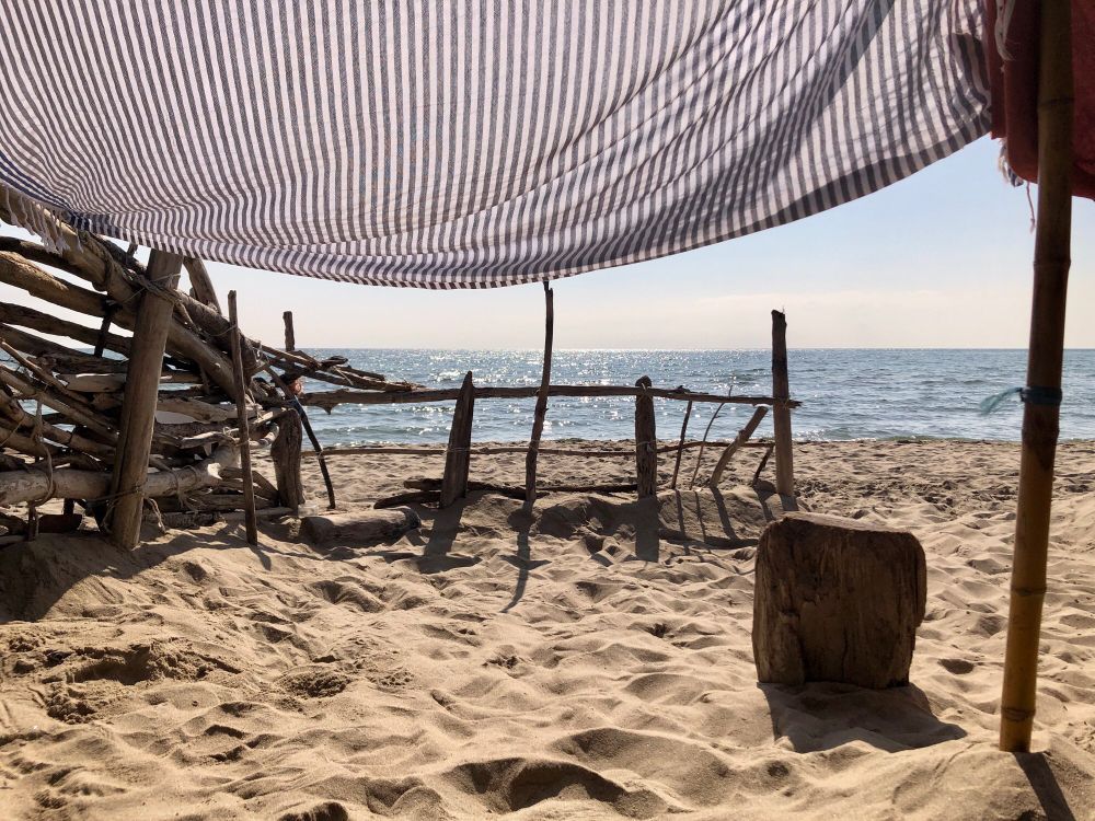 Cabane de bois flotté sur la plage déserte.