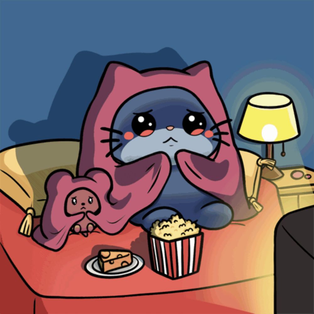 a cartoon of a cat wrapped in a pink blanket eating popcorn and cheesecake