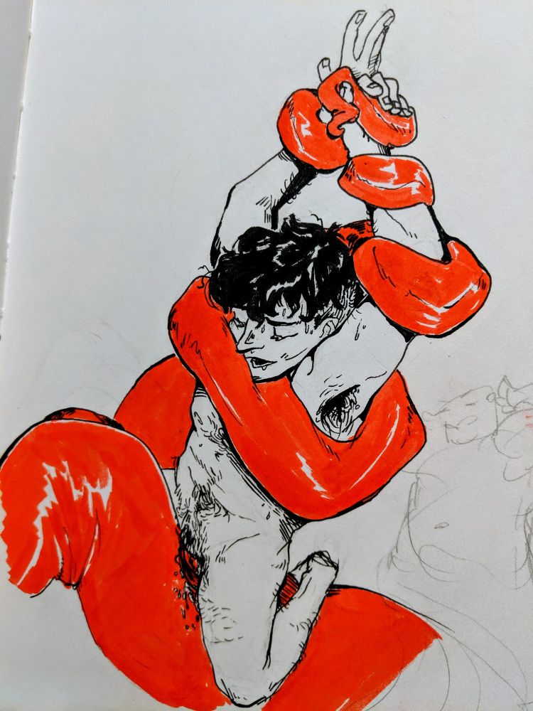 A naked trans man straddling/grinding on a large naga's coil. More coils are wrapped around his torso and arms, holding him up. He's disheveled, sweating, grasping at coils and at air, and smiling deliriously
(I have a faint doodle in the background of the naga's human portion, lying with hands behind their head with a silly smile)