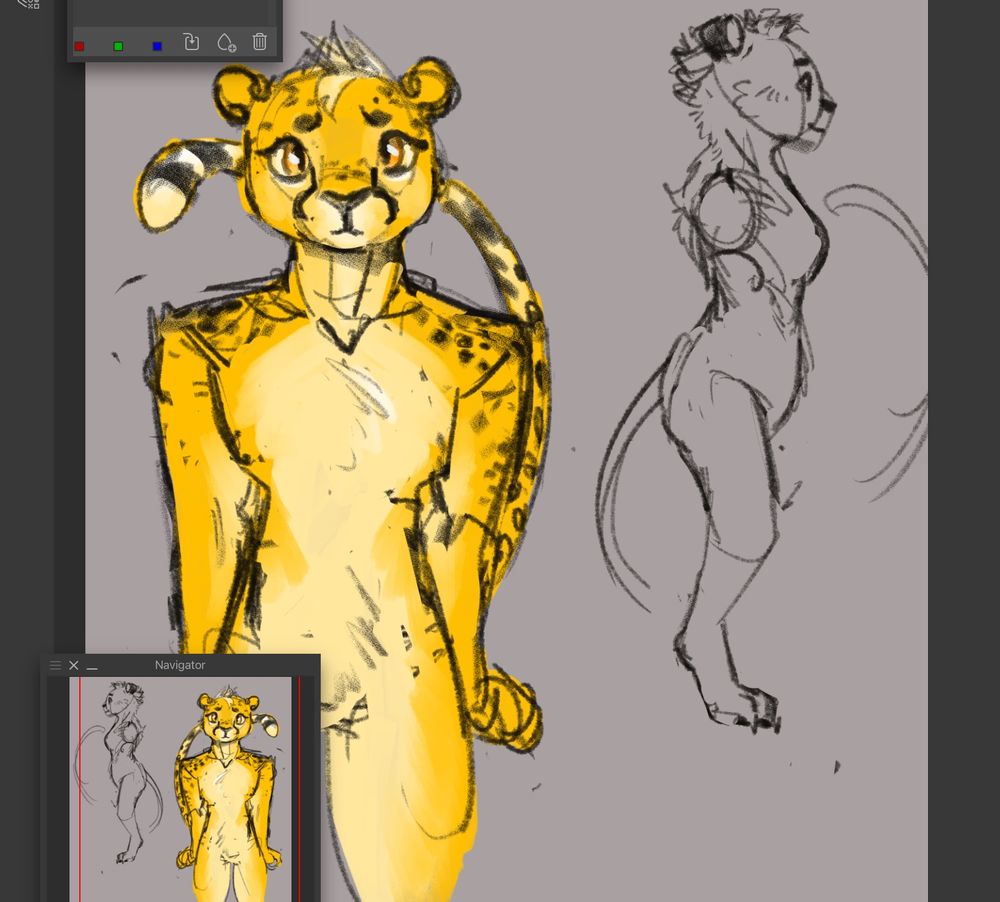 art of a furry character. A cheetah!
he looks slightly nervous with his arms held tight to his sides and tension in his shoulders

there’s also a simple sketch of him in fullbody profile. I’m trying (partially?) digitigrade legs!
He has kind of a fauxhawk which continues down his nape and back. fluffy.