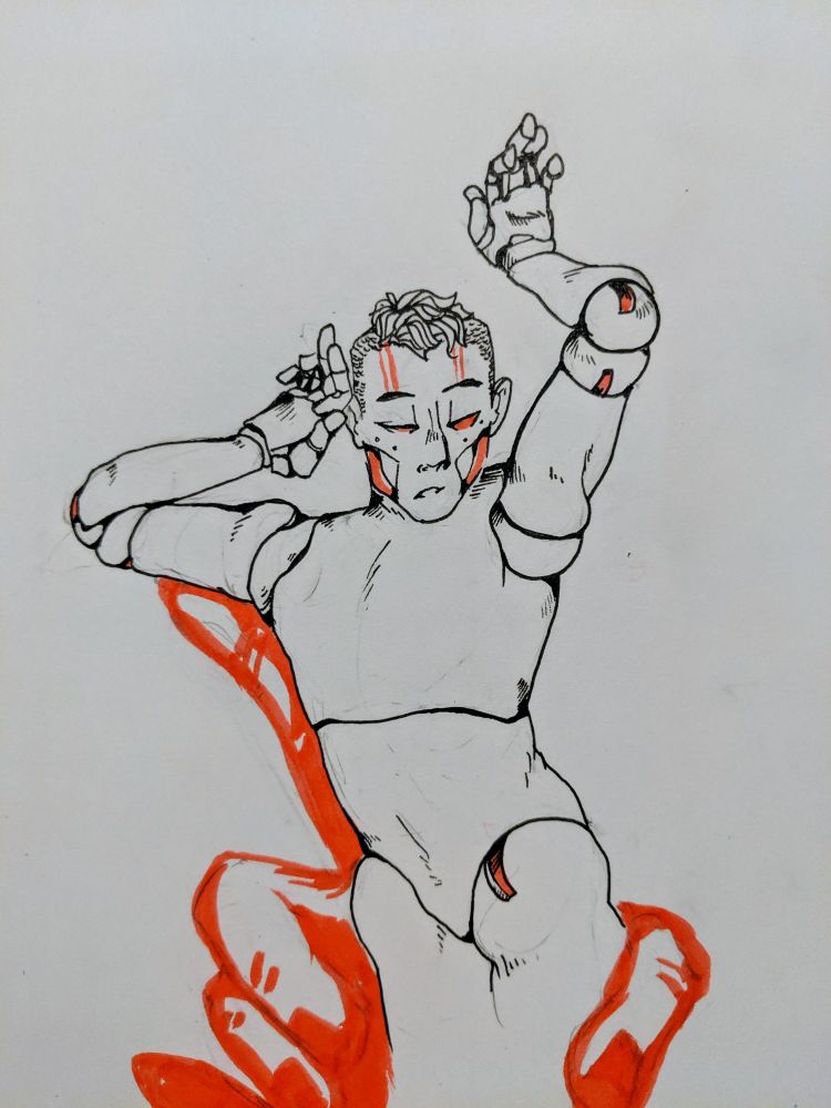 My android OC, Sol, ball-jointed doll being handled by a large hand. His arms are posed above his head and his expression is half-lidded and dazed 