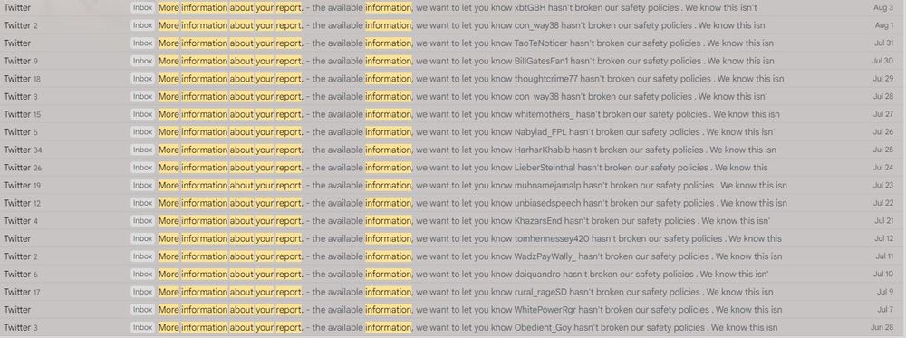 screenshot of my inbox with over 100 "failed" reports against white supremacists/nazis from Twitter