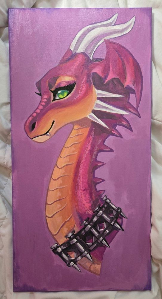 A traditional acrylic painting of the dragon from shrek, she is shown from the profile and is from the neck up, the background is a pinkish purple, her scales are a pinkish red and her eyes are bright green, she has dramatic lashes and looks very proud of herself