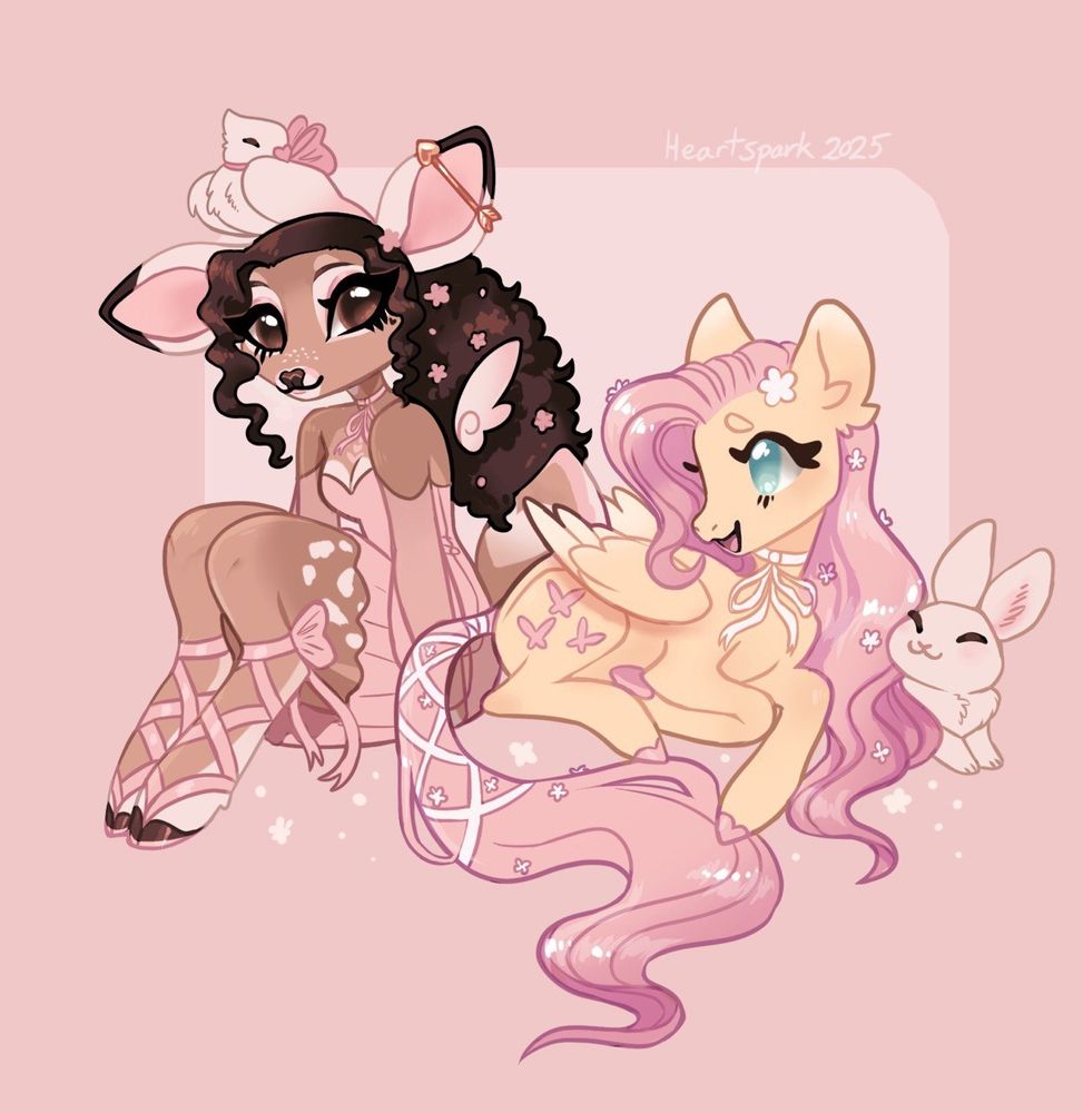 A chibi doe woman wearing a pink dress with a white dove on her head, she looks happy and is smiling at fluttershy the mlp character who seems to be chatting happily next to her pet rabbit angel