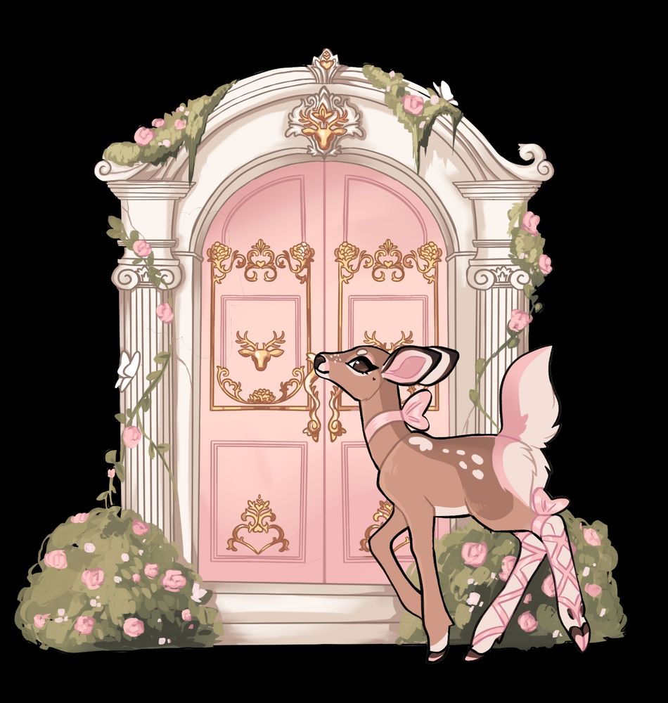 A brown and pink deer walking towards a big fancy door with white pillars overgrown with pink and white flowers, the door is a light pink with golden detailing 