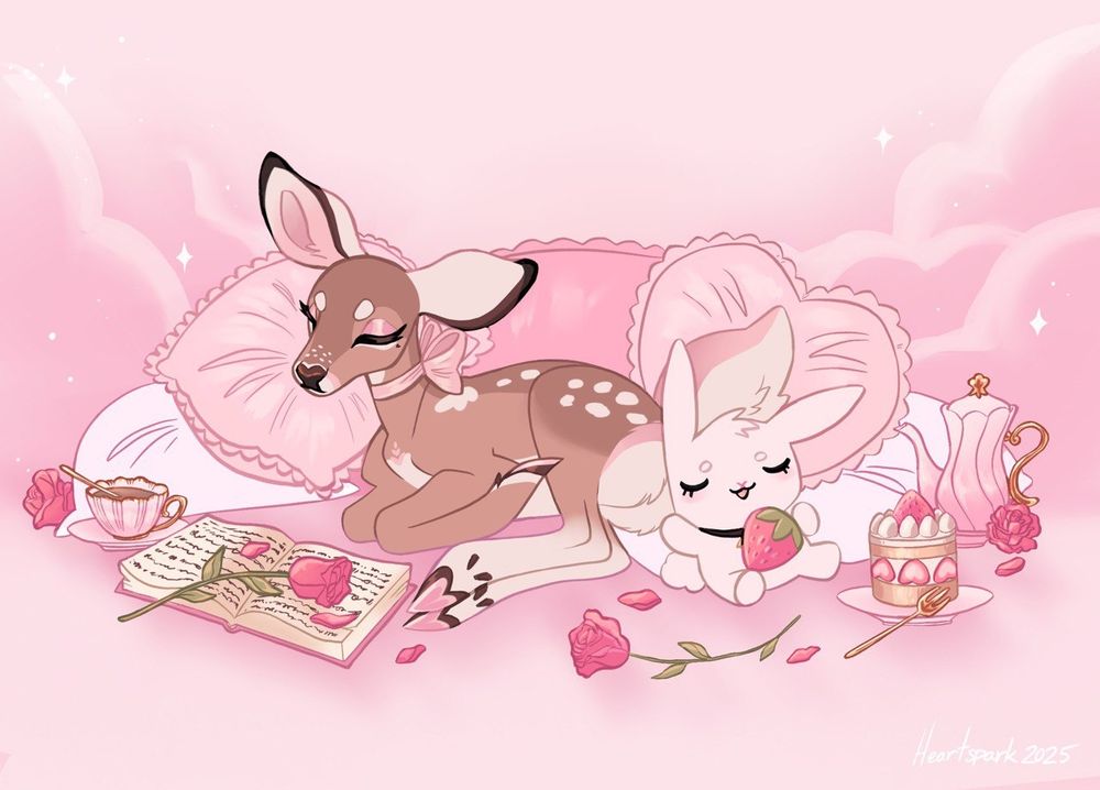 A soft brown doe with white ears naps on a mound of pink frilly pillows next to a rabbit plushie who holds a giant strawberry.  A cup of tea in a pink cup sits on the left , followed by a book with a rose on it, another rose, a strawberry shortcake,  and a pink petal themed tea kettle. The vibe is soft and cozy