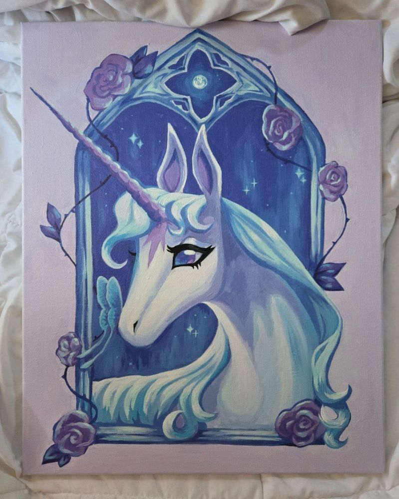 A traditional acrylic painting featuring the unicorn from the last unicorn movie, she looks out from a castle window esque frame with the moon in the background, her horn is purple and shines under the moonlight, and a blue butterfly sits on the unicorns nose. The frame is covered in thorny vines and purple roses
