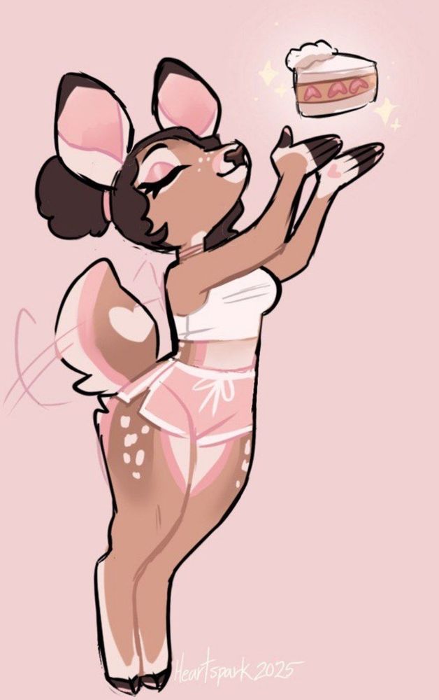A sketch of a deer anthro woman in pink shorts and a cropped white tank top  holding her arms up while a sparkling strawberry shortcake floats above it, the deers eyes are closed and her tail is wagging, she seems excited and happy