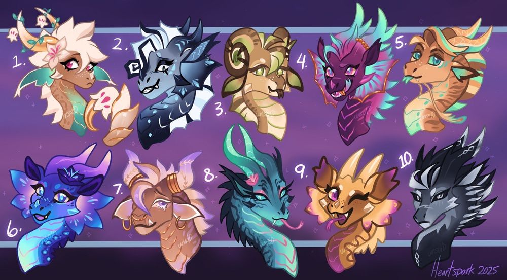 A batch of 10 dragon designs that are from the neck up, the background is a purple that helps them all stand out a bit. 1 is a brown and white dragon with a white flower in her hair. 2 is a grey and black evil looking dragon. 3 is a green and brown soft looking dragon. 4 is a magenta and teal spikey dragon with gold accesories,  5 is a chill looking sand and mint/teal water dragon. 6 is a bright blue and purple happy looking dragon. 7 is a brown and purple chill bull like dragon. 8 is a long and narrow teal and pink viper like dragon. 9 is a short and yellow , brown, and purple excited looking dragon. 10 id s very serious grey and silver looking dragon. 