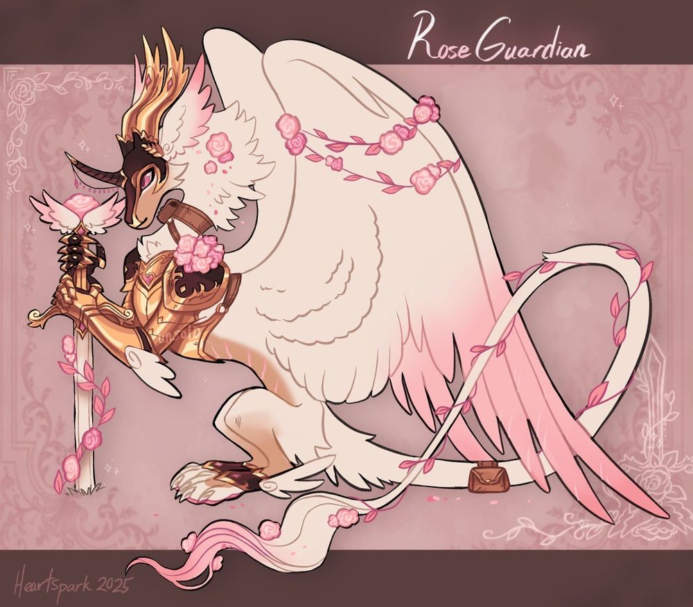 A white fluffy dragon holding a sword into the ground, both the sword and rhe dragon are covered in pink vines and roses, the dragon has pink eyes, the armour is gold and black, but has 2 more alternate variants where the armour is either gold and white or gold and grey