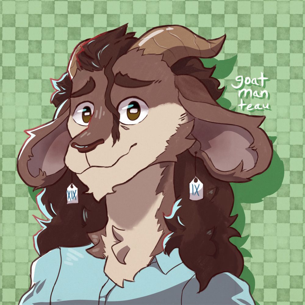 A headshot drawing of an anthropomorphic goat. They have long hair and ears that reach behind their head. They are wearing a light blue button-up shirt, on a green checkerboard background 