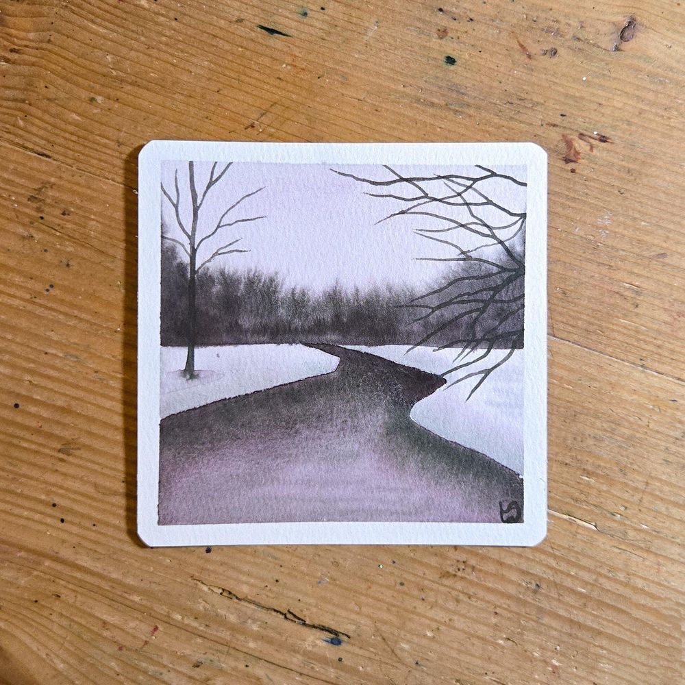 A monochromatic, atmospheric winter landscape done in watercolor on square paper. The paint used is purple-gray. Overcast sky, dark trees in the background, a river snaking from the treeline into the foreground, a bare tree on the left riverbank, and branches from another tree on the right side. There is snow on the ground on either side of the river. 