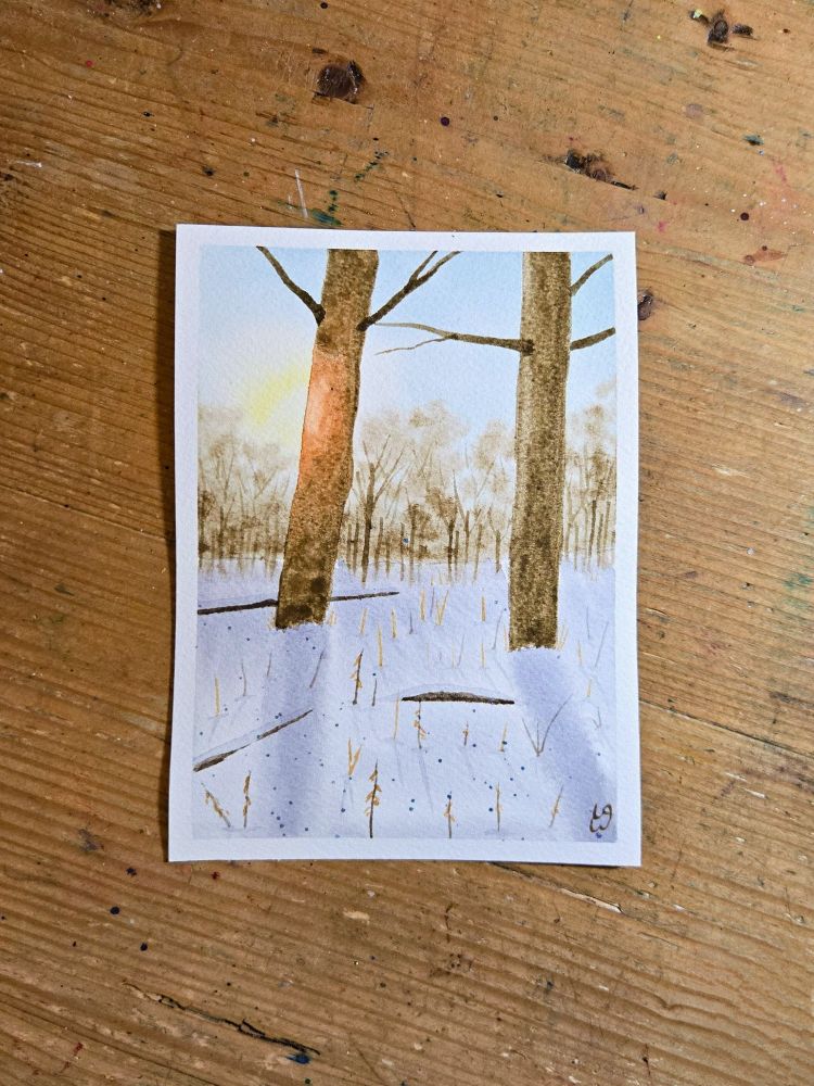 A watercolor winter landscape. There are two large trees on either side, with the sun peeking around the tree on the left. They both have bare limbs. In the background is an out-of-focus treeline. In the foreground are some snow-covered logs and grasses and twigs poking up out of the blanket of snow. The trees cast long shadows on the snowy ground. 