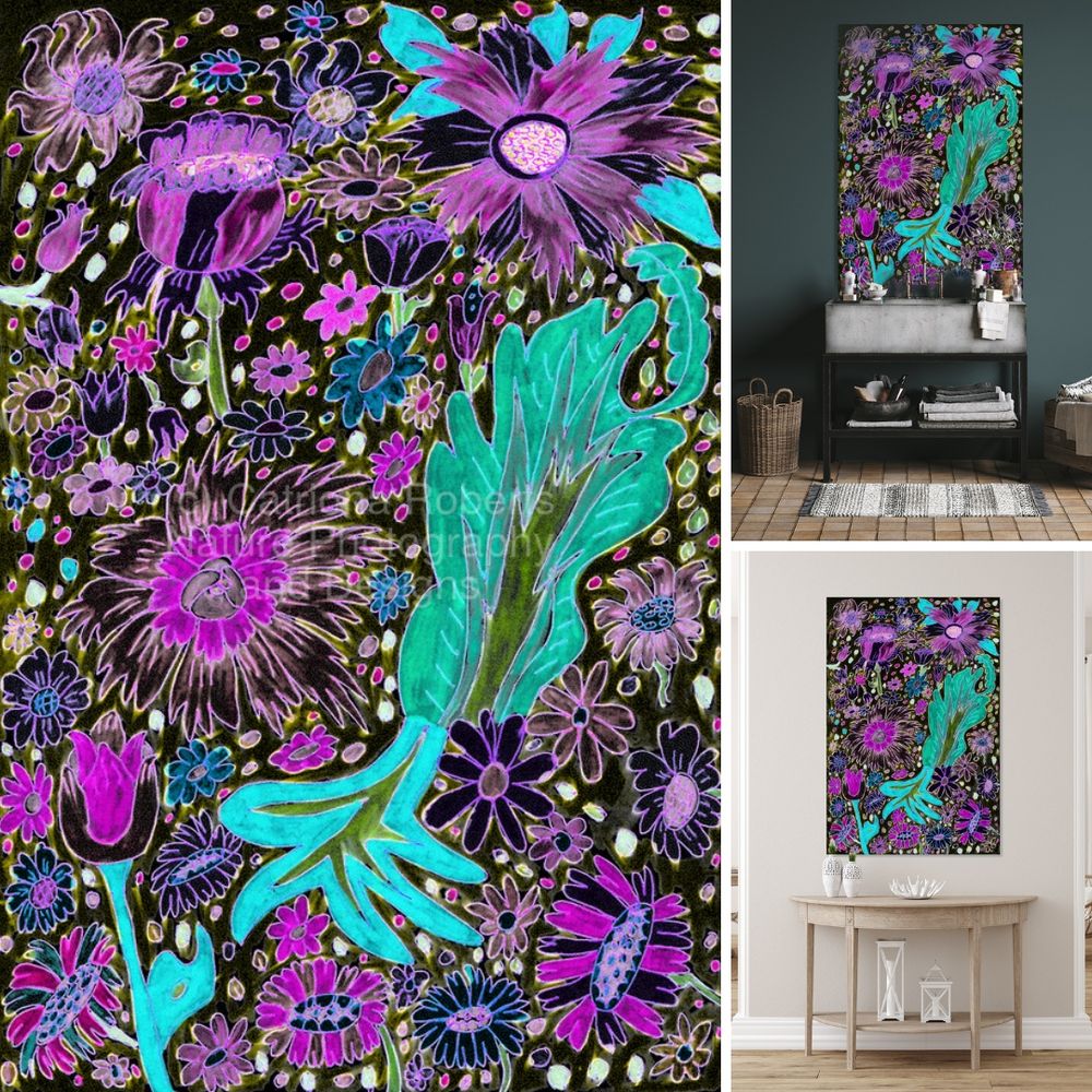 Upper/lower left digital image featuring the design- 

Abstract Floral Musing. 

Upper right design on a Canvas Print on a wall above a sink. 

Lower right design on a Canvas Print on a wall above a table. 

Originally a hand drawn doodle inspired design created using coloured ink pens and paper, laterally digitally colour edited to create this stunning piece of modern floral art. 

Features a vivid array of flowers in hues of purple, teal, and pink dominating the scene. 

Each flower is intricately drawn and set against a dark background, enhancing the colors. 

Mockups combined in a grid format in canva.com

Click links in the main post for options.
